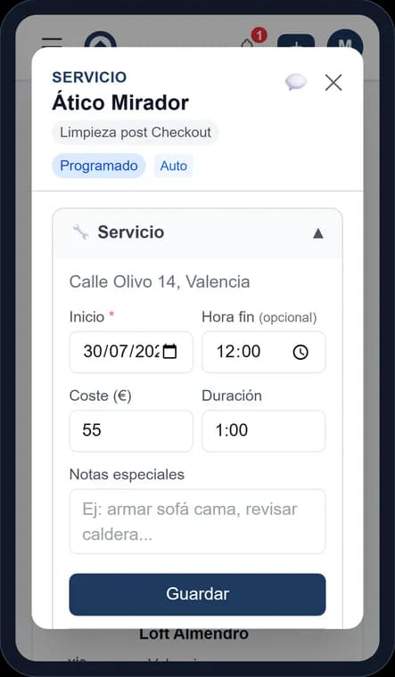 Detalle de un servicio con fecha, coste y notas