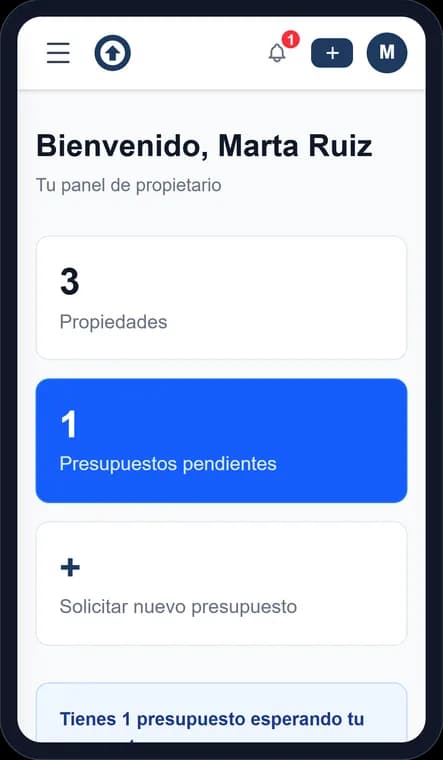 Panel del propietario en el móvil, con propiedades y presupuestos pendientes