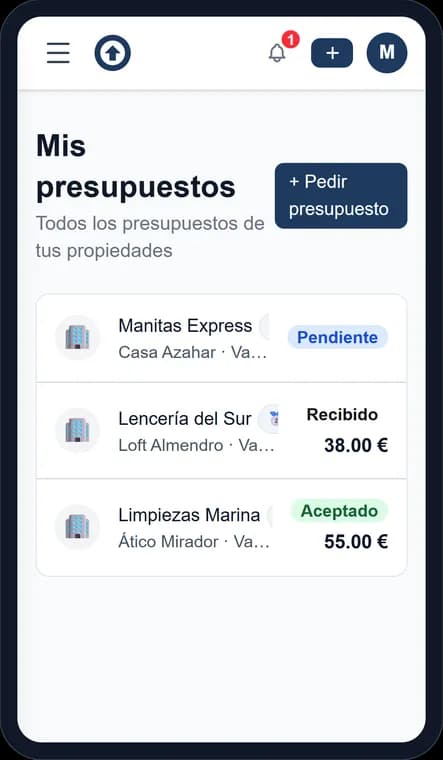 Lista de presupuestos en el móvil, con uno aceptado