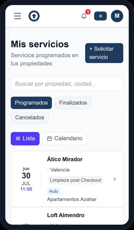 Lista de servicios programados en el móvil